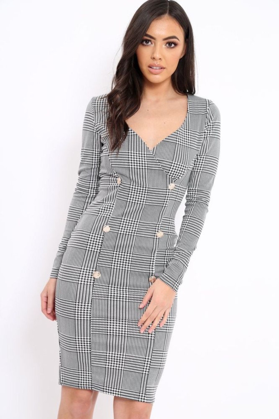 Clothing Rebellious Fashion | Hound-Tooth Button Detail Blazer Midi Dress - Sariah