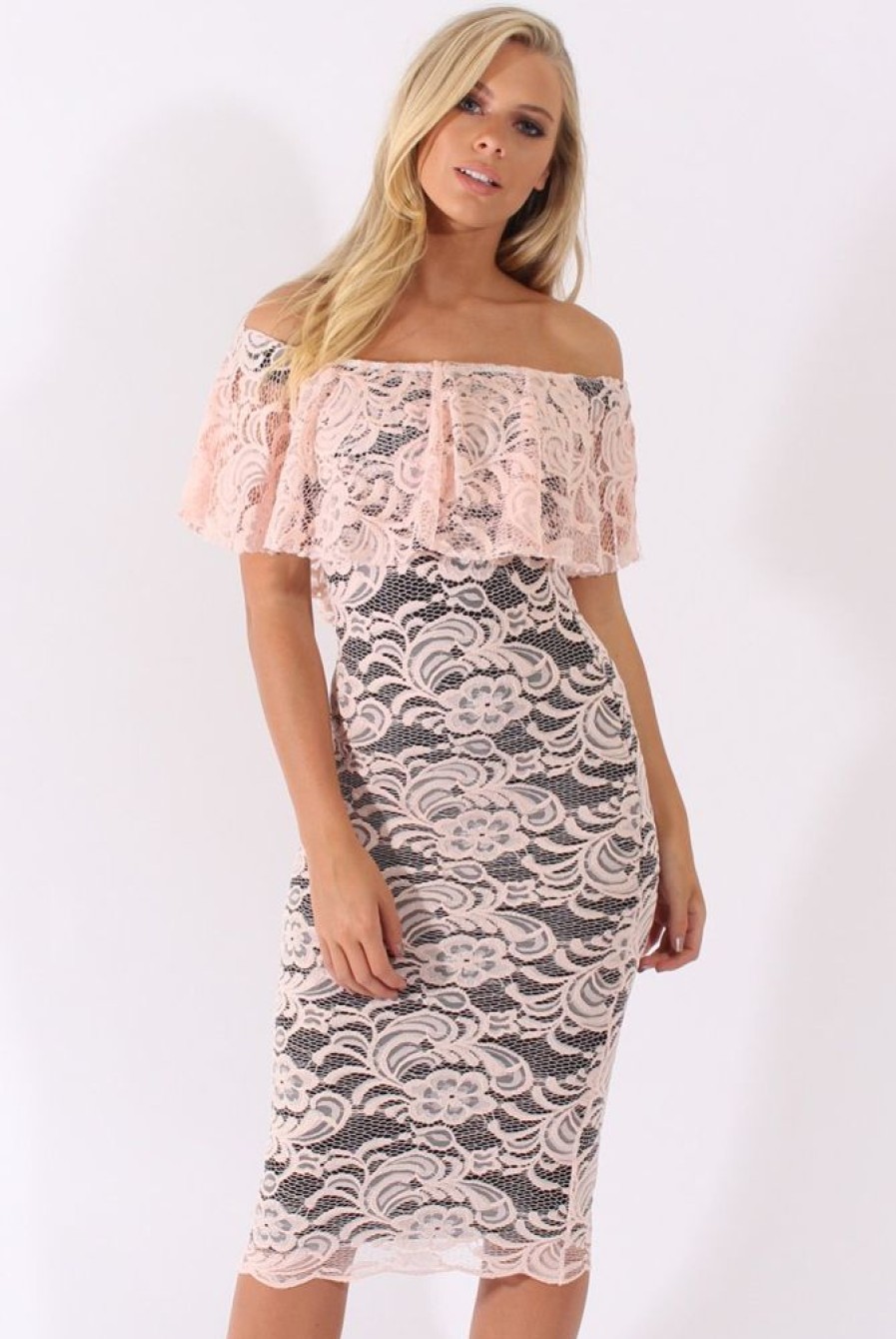 Clothing Rebellious Fashion | Nude Lace Bardot Frill Midi Dress - Keysha