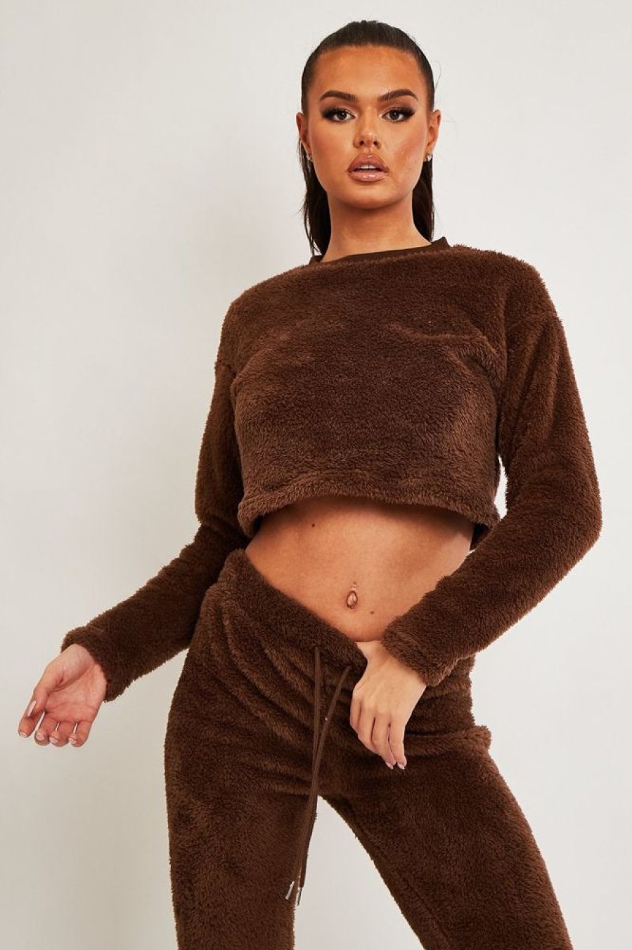 Clothing Rebellious Fashion | Chocolate Round Neck Teddy Sweatshirt - Delsie