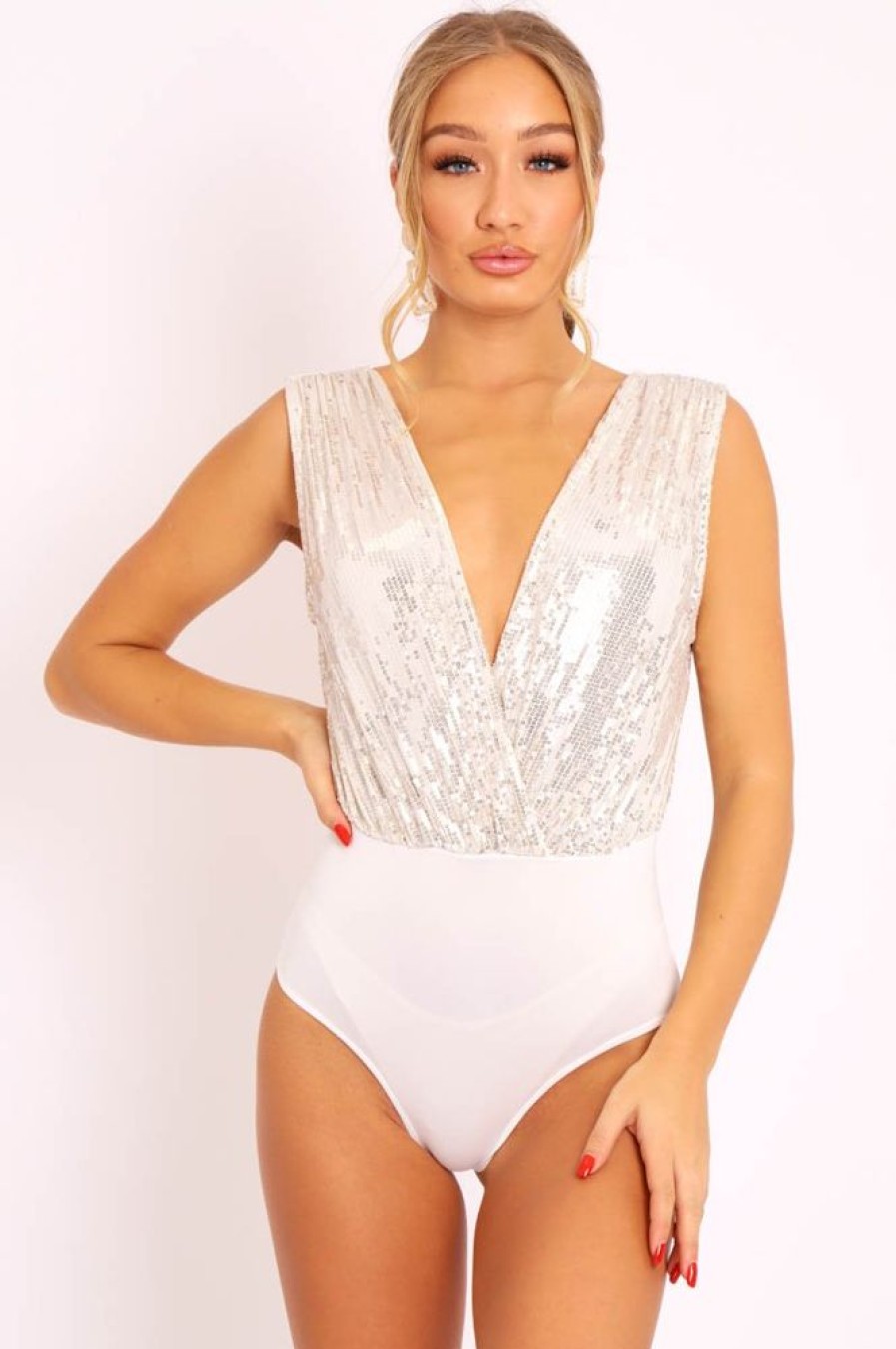 Clothing Rebellious Fashion | White Sequin Embellished Extreme Plunge Bodysuit - Yamila