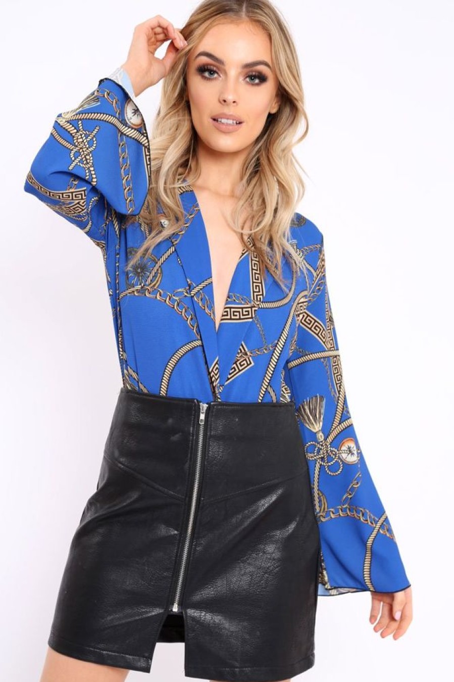 Clothing Rebellious Fashion | Blue Rope Print Plunge Bodysuit - Jani