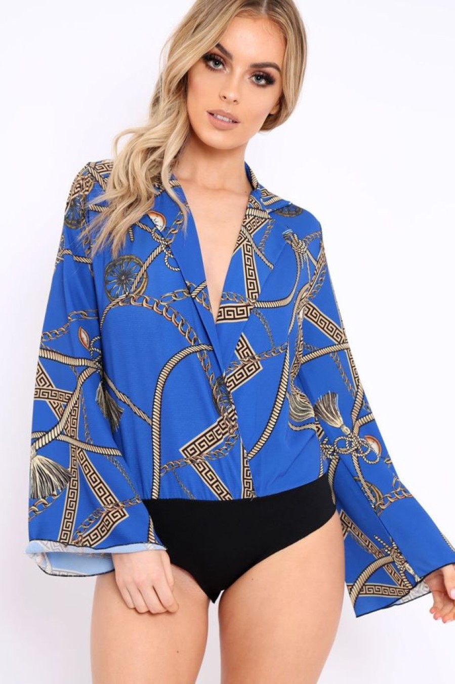 Clothing Rebellious Fashion | Blue Rope Print Plunge Bodysuit - Jani