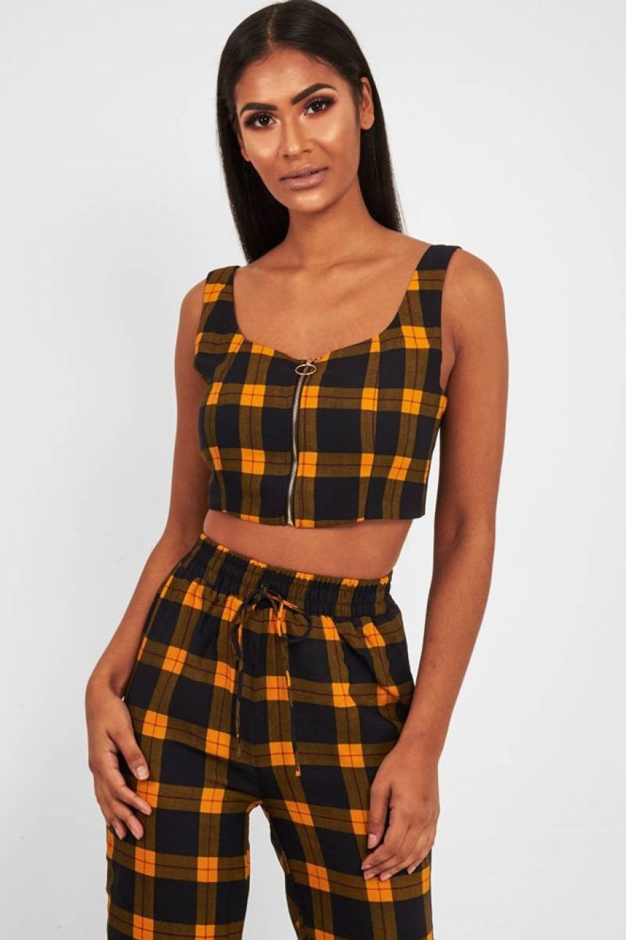 Clothing Rebellious Fashion | Mustard Tartan Crop Top Cuffed Trousers Co-Ord - Kila