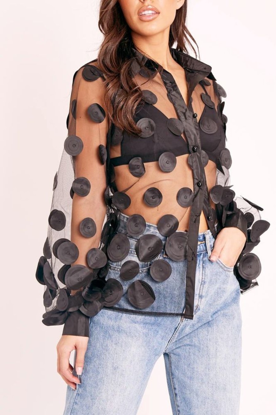 Clothing Rebellious Fashion | Black Layered Applique Mesh Shirt - Nikkie