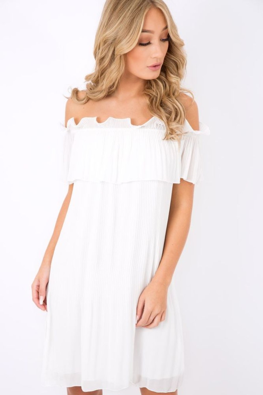 Clothing Rebellious Fashion | White Crinkle Bardot Ruffle Trim Dress - Kelsey