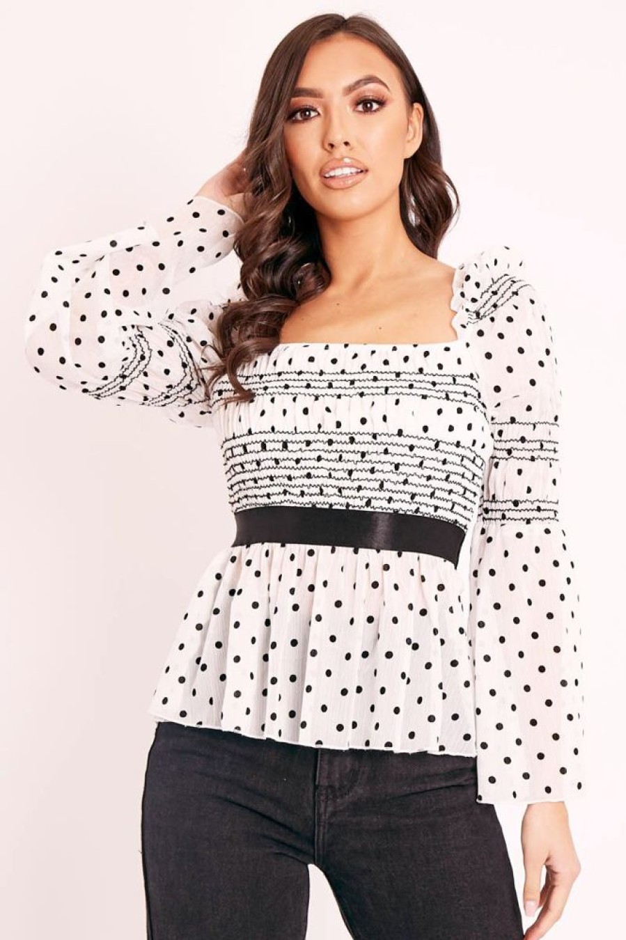 Clothing Rebellious Fashion | White Polka Mesh Shirred Fabric Top - Evarose