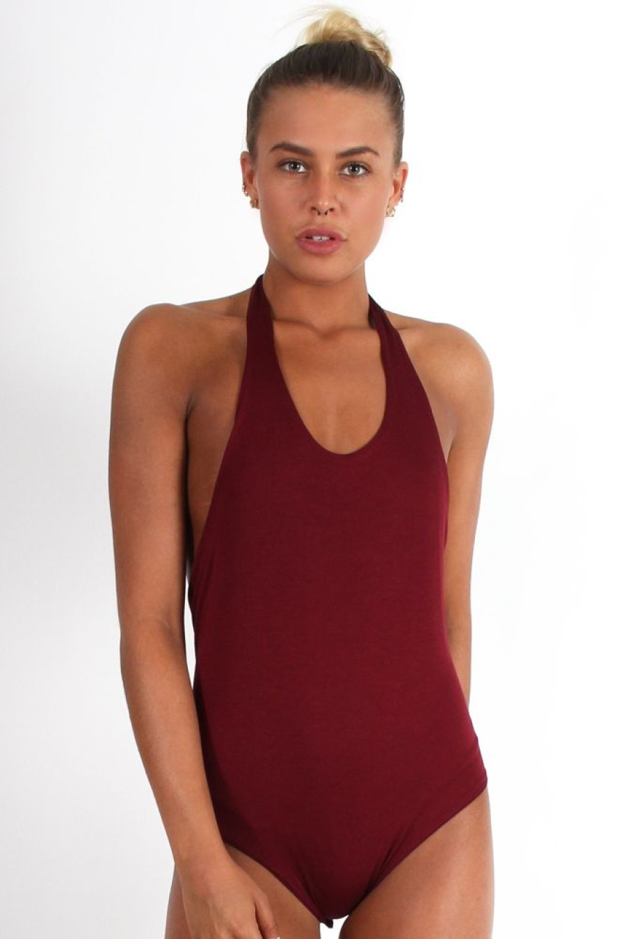 Clothing Rebellious Fashion | Athene Burgundy Halter Neck Bodysuit