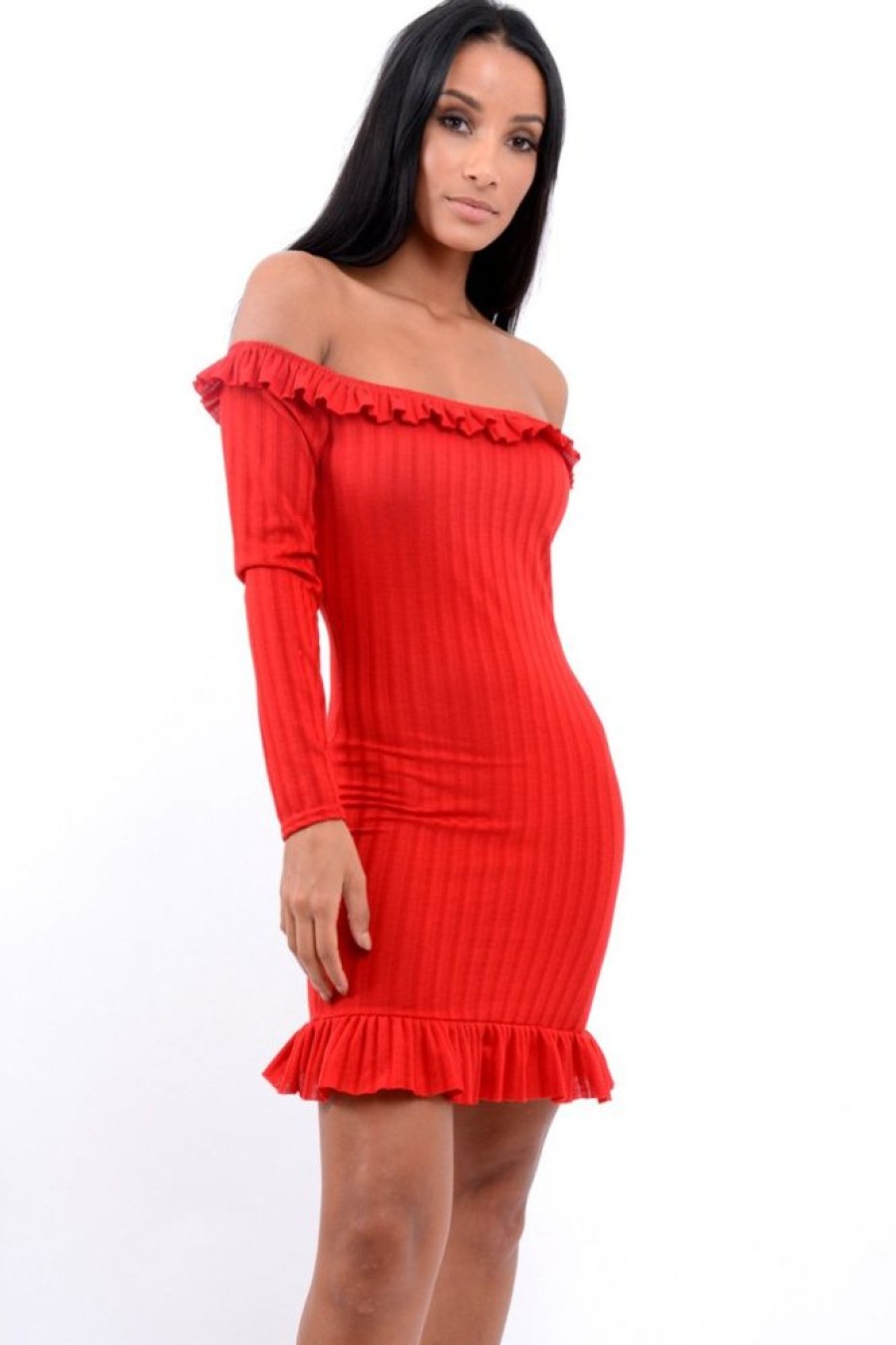 Clothing Rebellious Fashion | Red Ruffle Hem Ribbed Bardot Mini Dress - Destiny