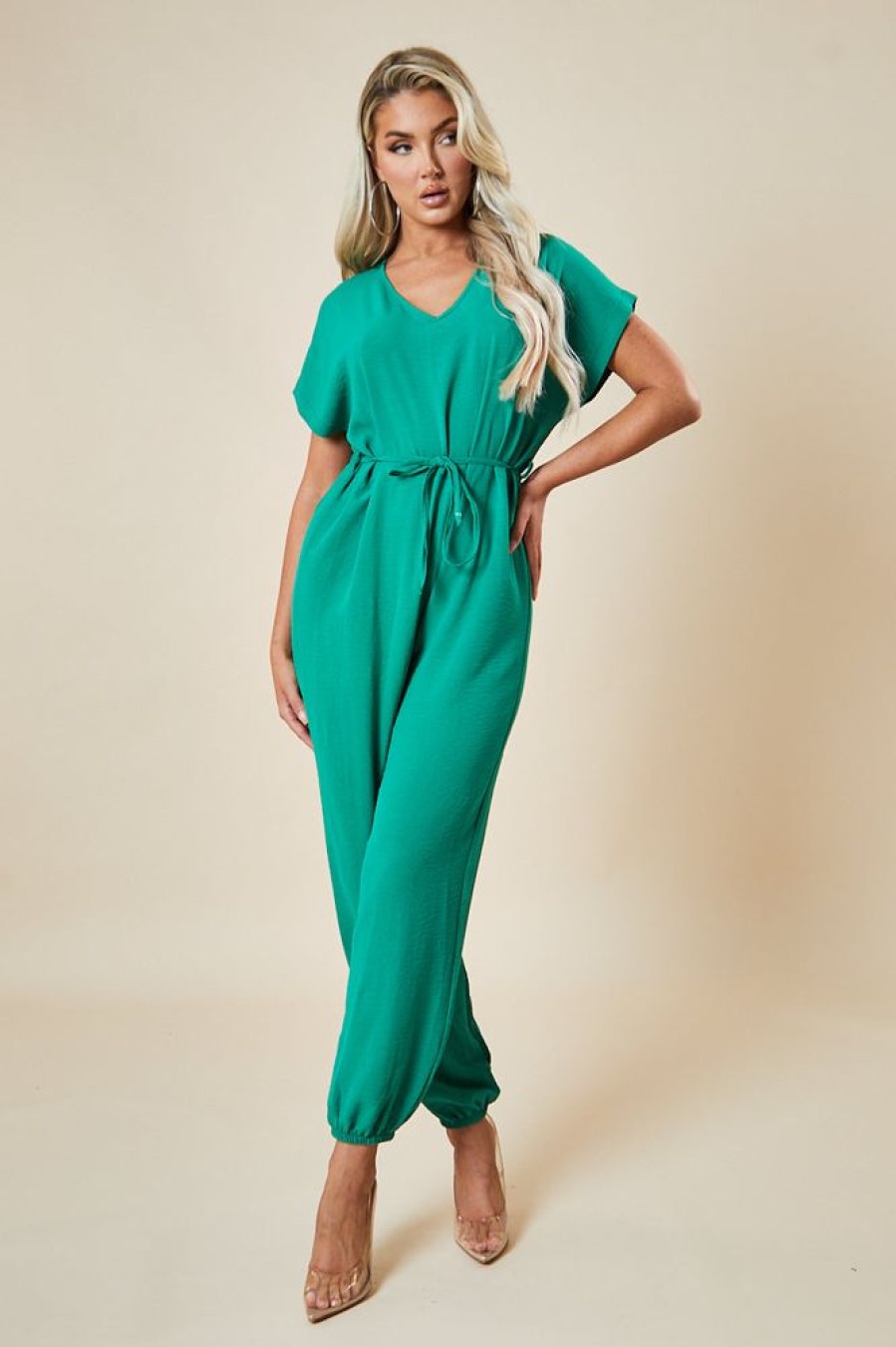 Clothing Rebellious Fashion | Green V-Neck Oversized Tie Detail Jumpsuit - Sammie