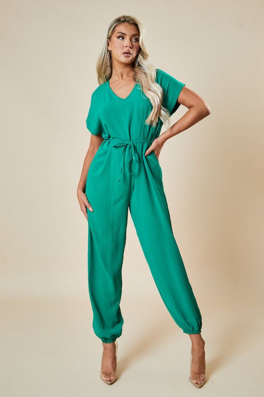 Clothing Rebellious Fashion | Green V-Neck Oversized Tie Detail Jumpsuit - Sammie