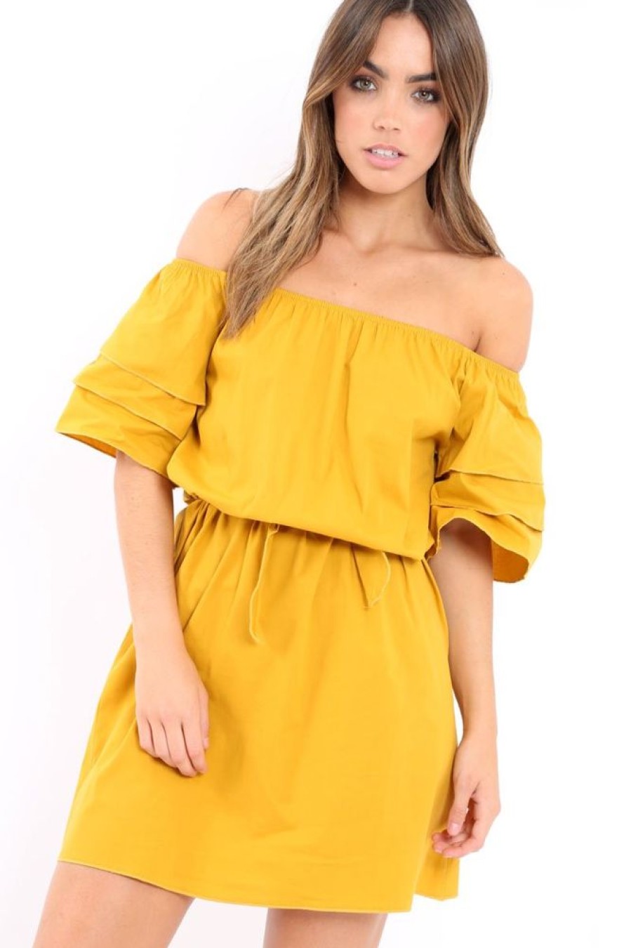 Clothing Rebellious Fashion | Mustard Bardot Dress With Ruffled Sleeves - Breena