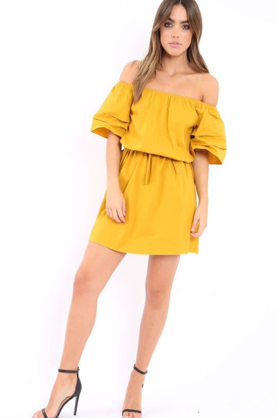 Clothing Rebellious Fashion | Mustard Bardot Dress With Ruffled Sleeves - Breena