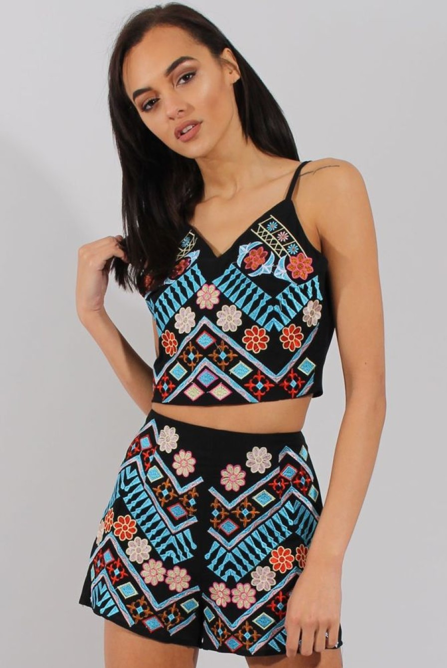 Clothing Rebellious Fashion | Black & Blue Floral Embroidered Co-Ord - Alessia