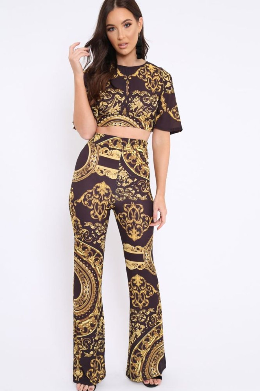 Clothing Rebellious Fashion | Black Cropped Scarf Print Co-Ord - Thresa