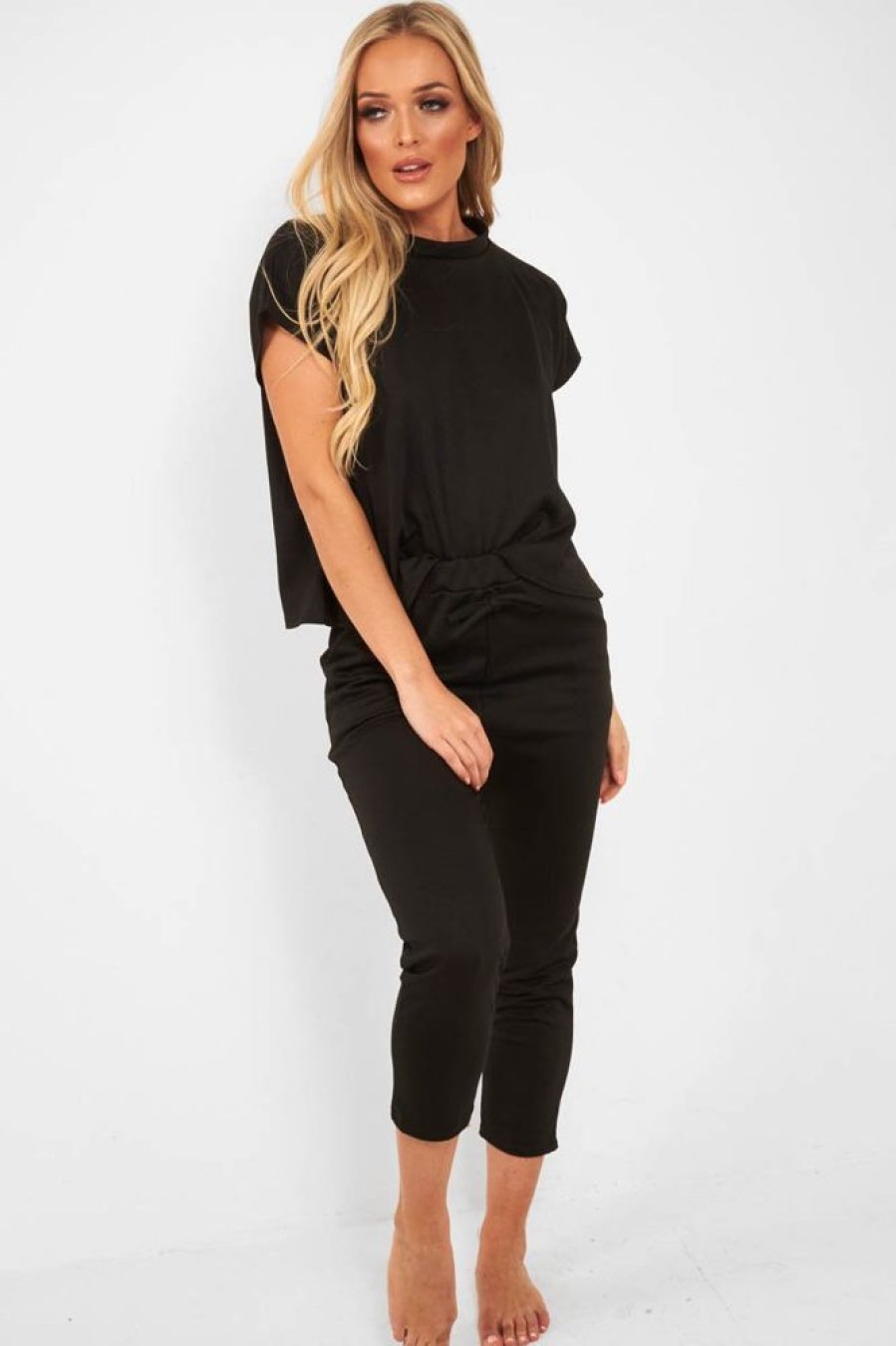 Clothing Rebellious Fashion | Black Short Sleeve Crop Jogger Loungewear Set - Aarian