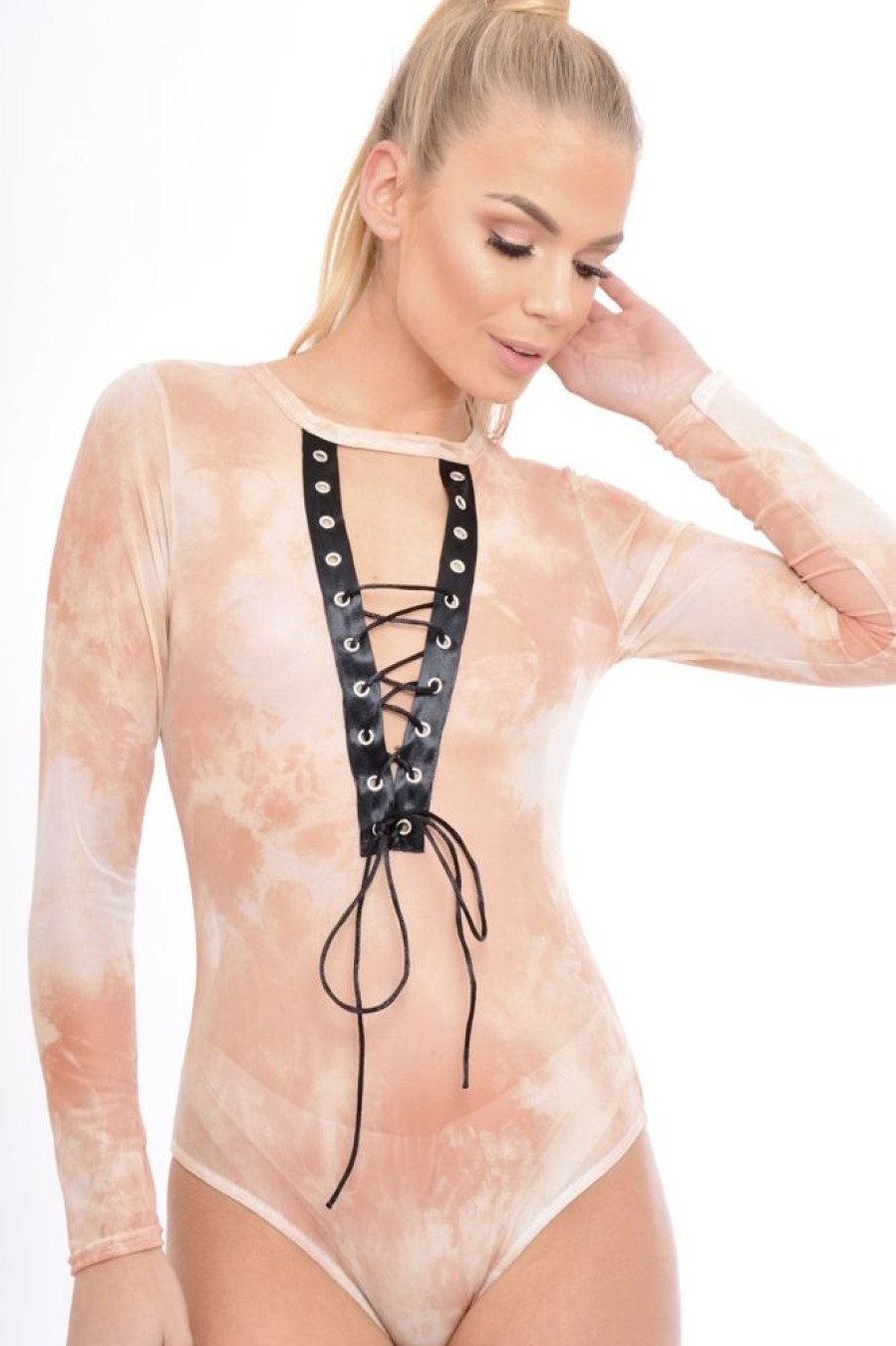 Clothing Rebellious Fashion | Nude Tie Dye Mesh Lace Up Bodysuit - Luella