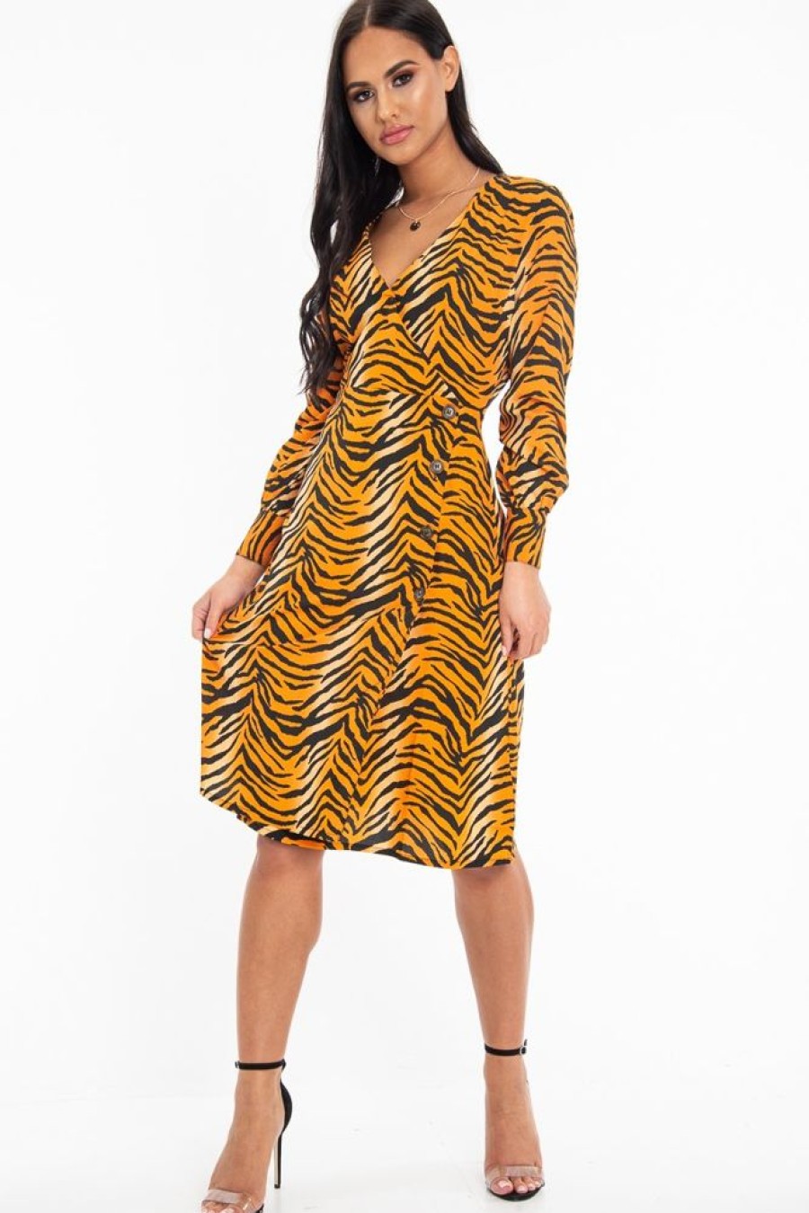 Clothing Rebellious Fashion | Orange Tiger Print Plunge Wrap Button Front Midi Dress - Bettie