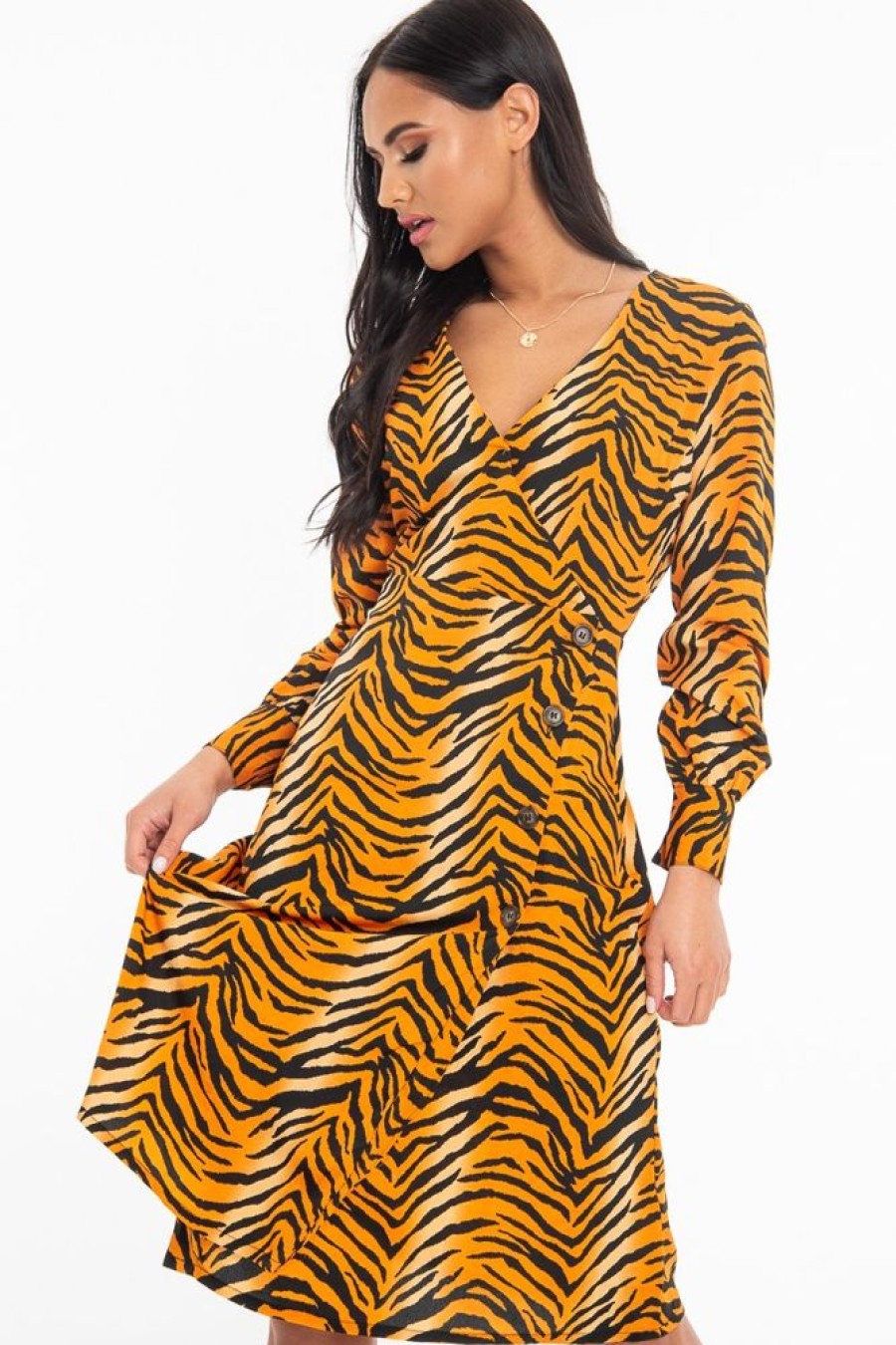 Clothing Rebellious Fashion | Orange Tiger Print Plunge Wrap Button Front Midi Dress - Bettie