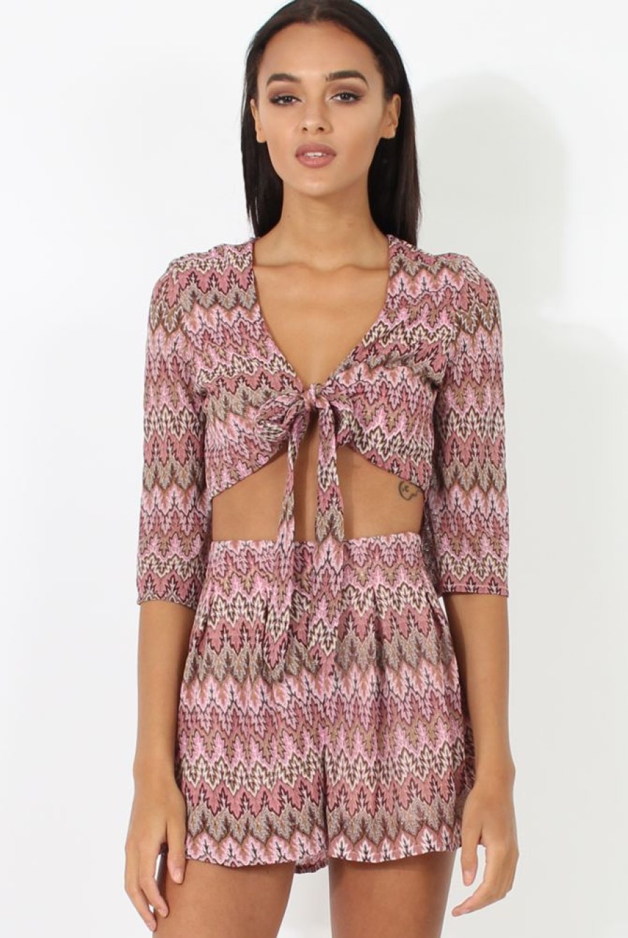 Clothing Rebellious Fashion | Pink Zig Zag Crochet Tie Front Co-Ord - Adele