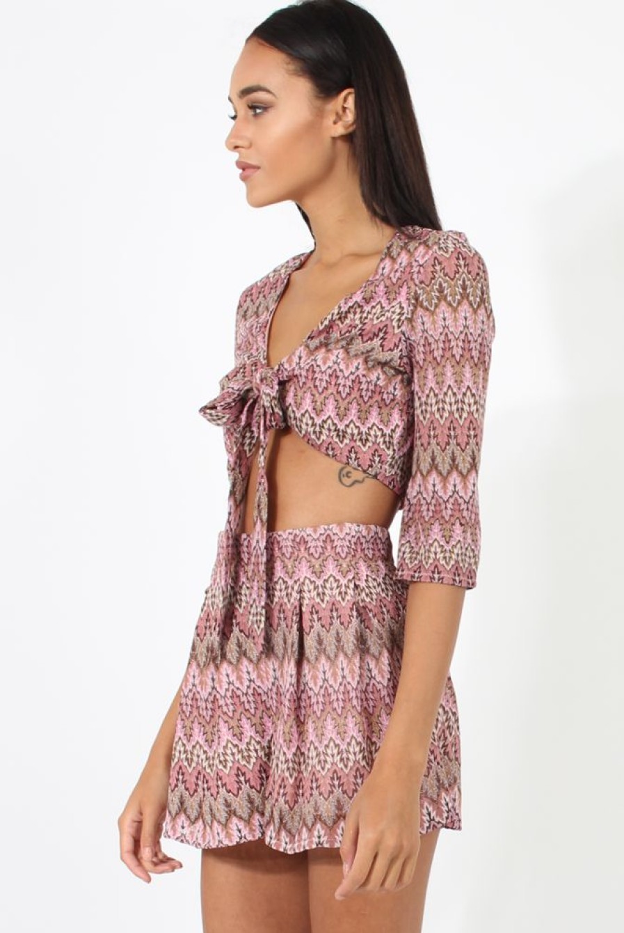 Clothing Rebellious Fashion | Pink Zig Zag Crochet Tie Front Co-Ord - Adele