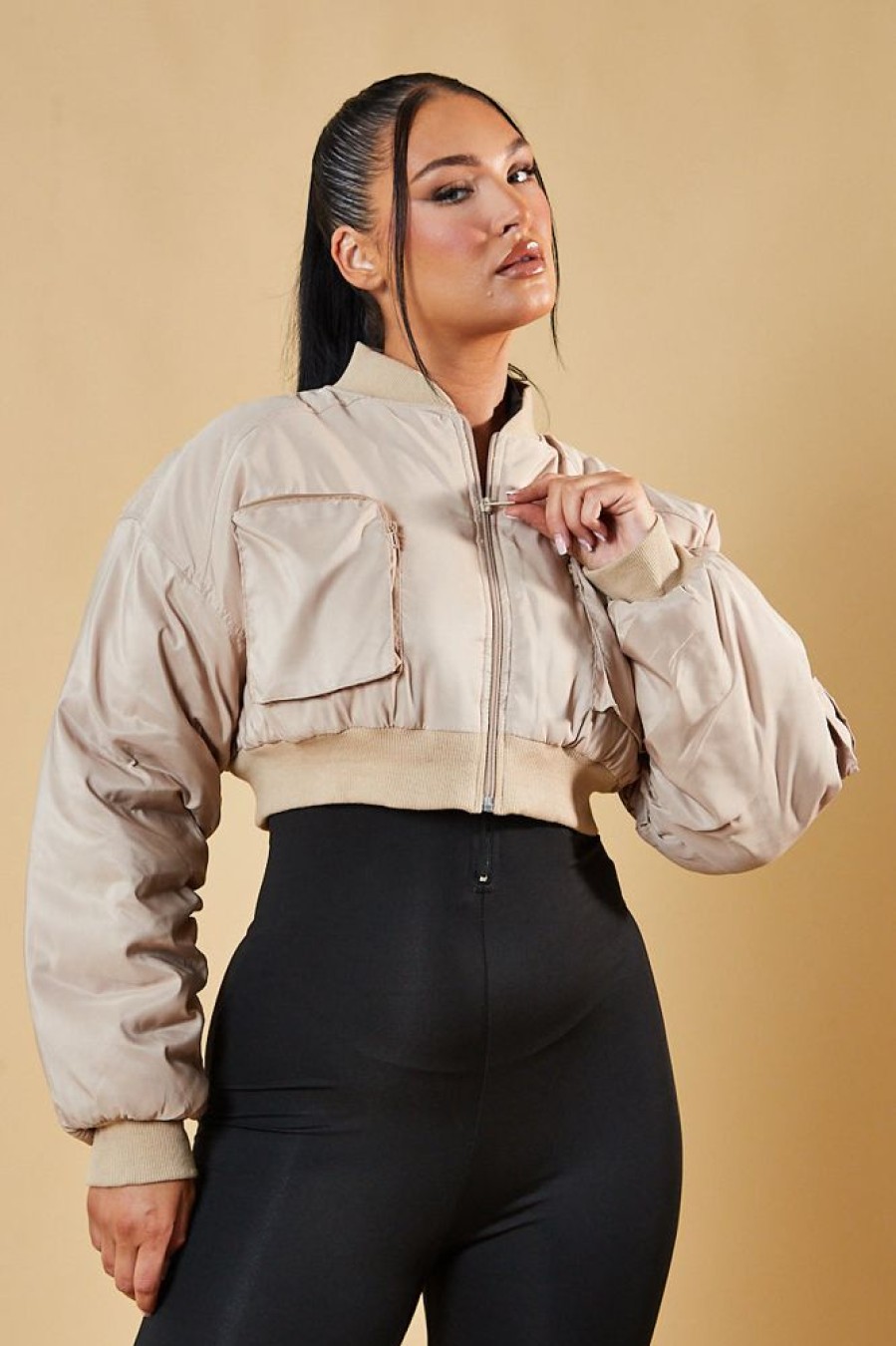 Clothing Rebellious Fashion | Stone Pocket Detail Cropped Bomber Jacket - Reagan