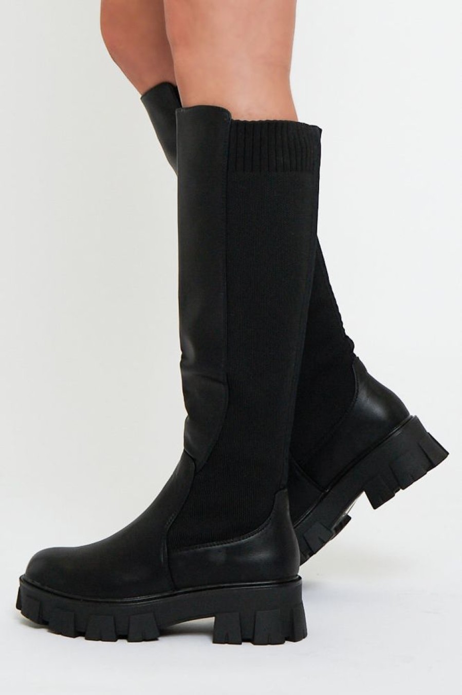 Shoes Rebellious Fashion | Black Leather Contrast Knee High Chunky Sole Boots - Phileine