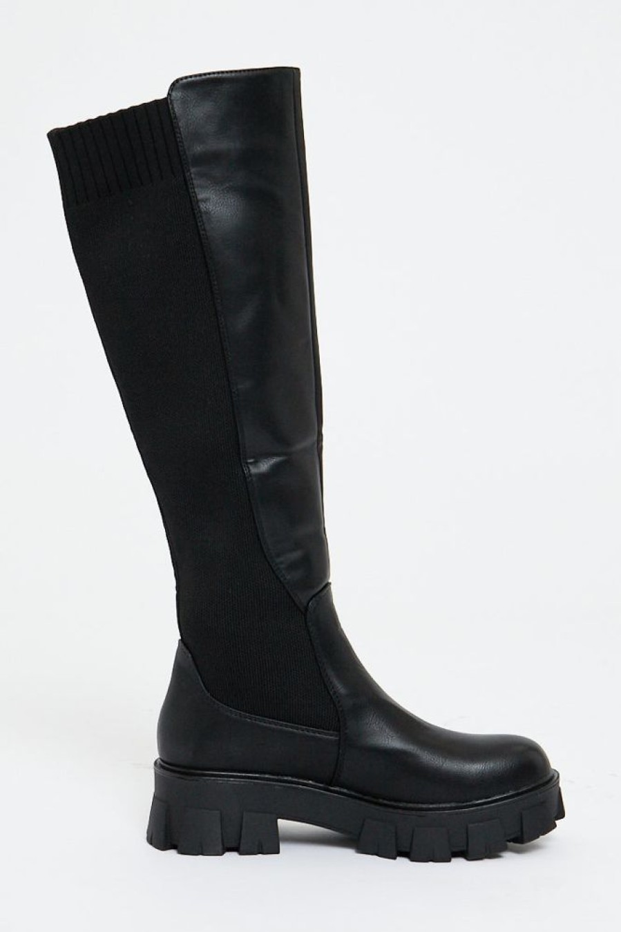 Shoes Rebellious Fashion | Black Leather Contrast Knee High Chunky Sole Boots - Phileine