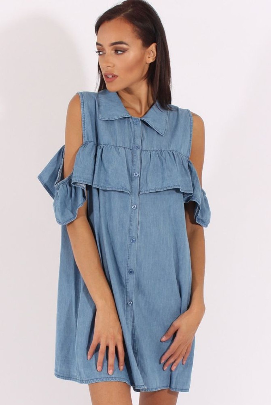 Clothing Rebellious Fashion | Light Blue Cold Shoulder Denim Dress - Torrie