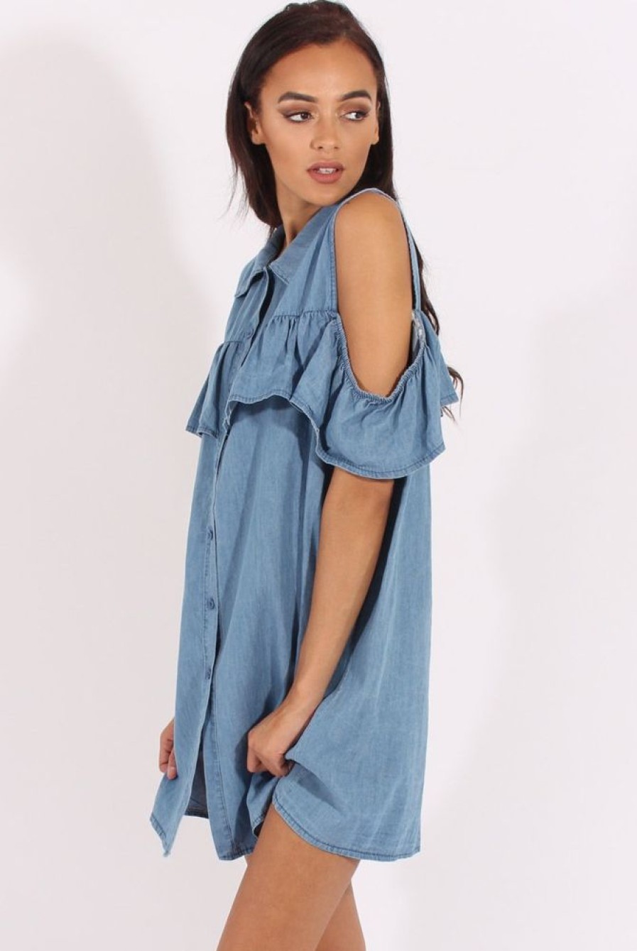 Clothing Rebellious Fashion | Light Blue Cold Shoulder Denim Dress - Torrie