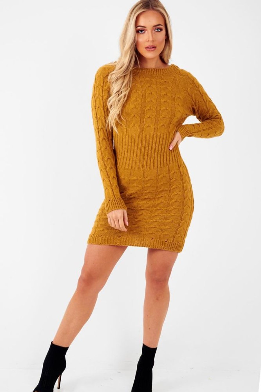 Clothing Rebellious Fashion | Mustard Cable Knit Jumper Midi Dress - Jaylie