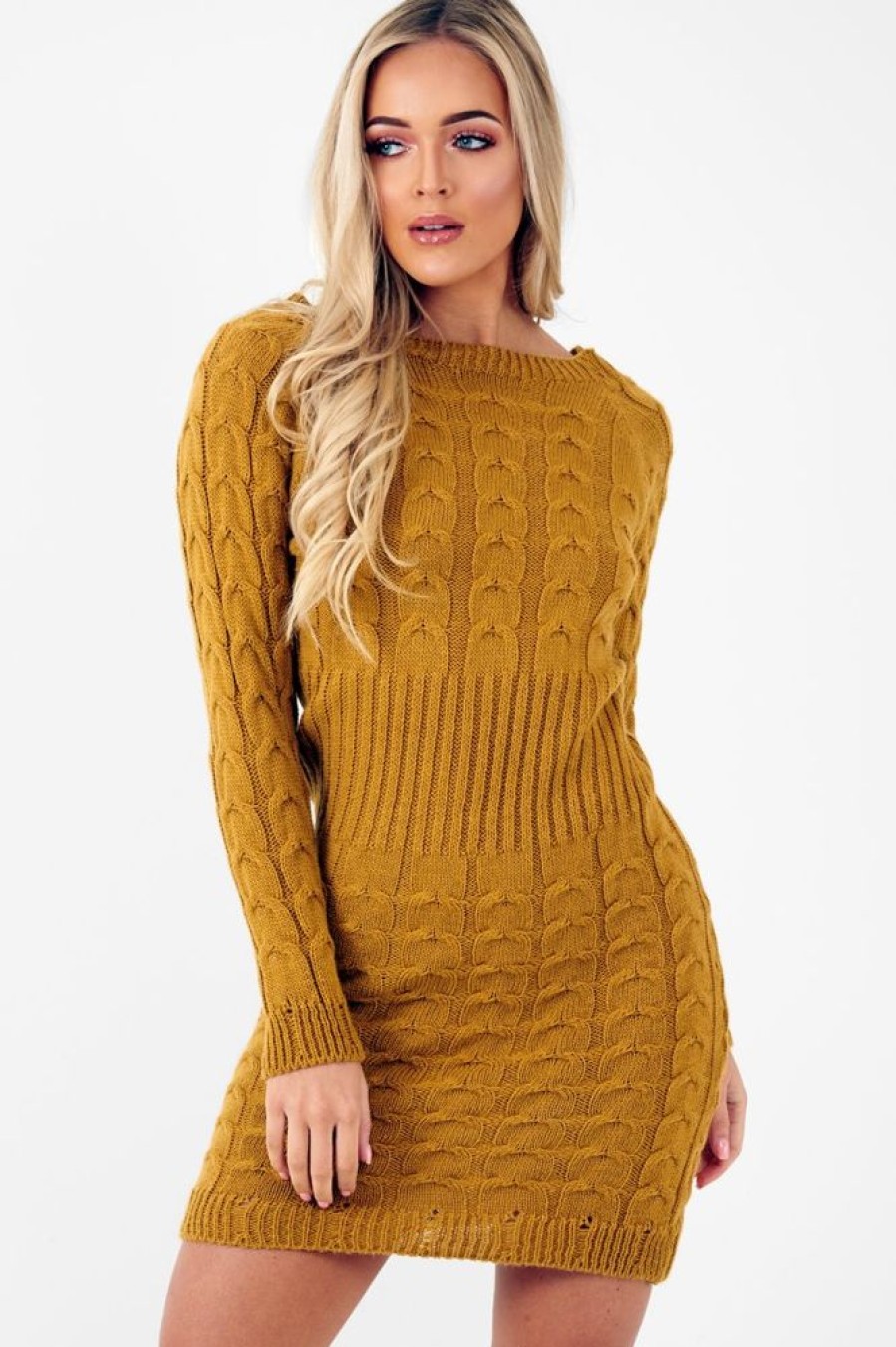 Clothing Rebellious Fashion | Mustard Cable Knit Jumper Midi Dress - Jaylie