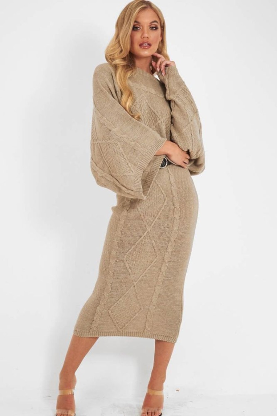 Clothing Rebellious Fashion | Beige Cable Knit Jumper Midi Skirt Co-Ord - Mahari