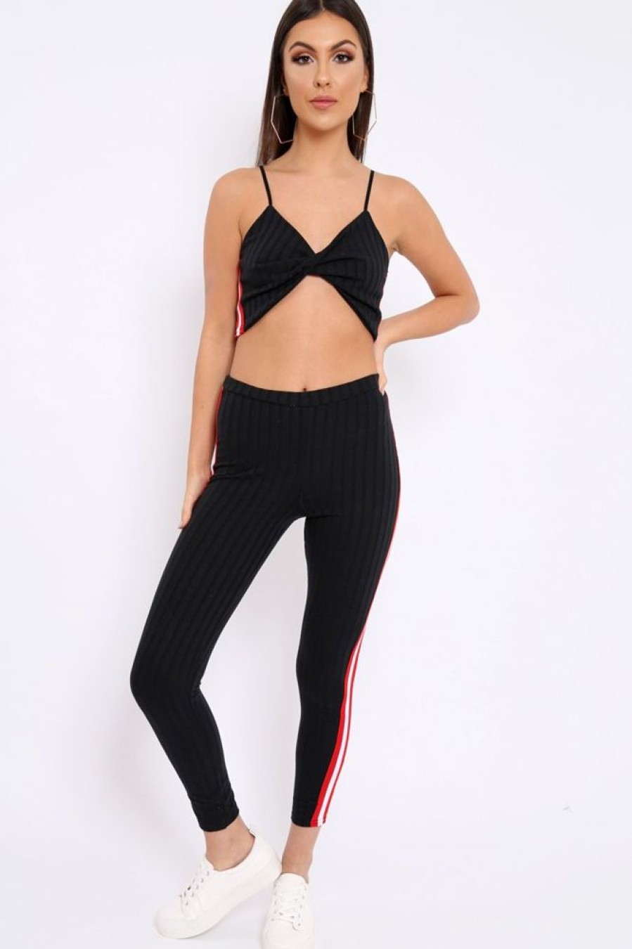 Clothing Rebellious Fashion | Black Ribbed Contrast Side Stripe Co-Ord - Kaity