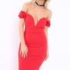 Clothing Rebellious Fashion | Red Plunge V Bardot Midi Bodycon Dress - Nanda