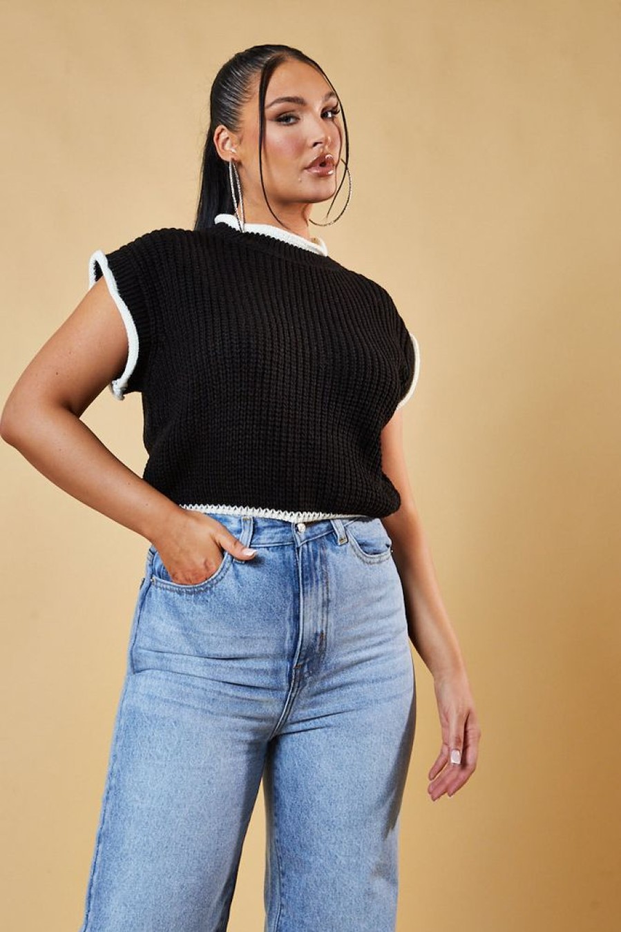 Clothing Rebellious Fashion | Black Knitted Contrast Edge Cropped Top - Bethany