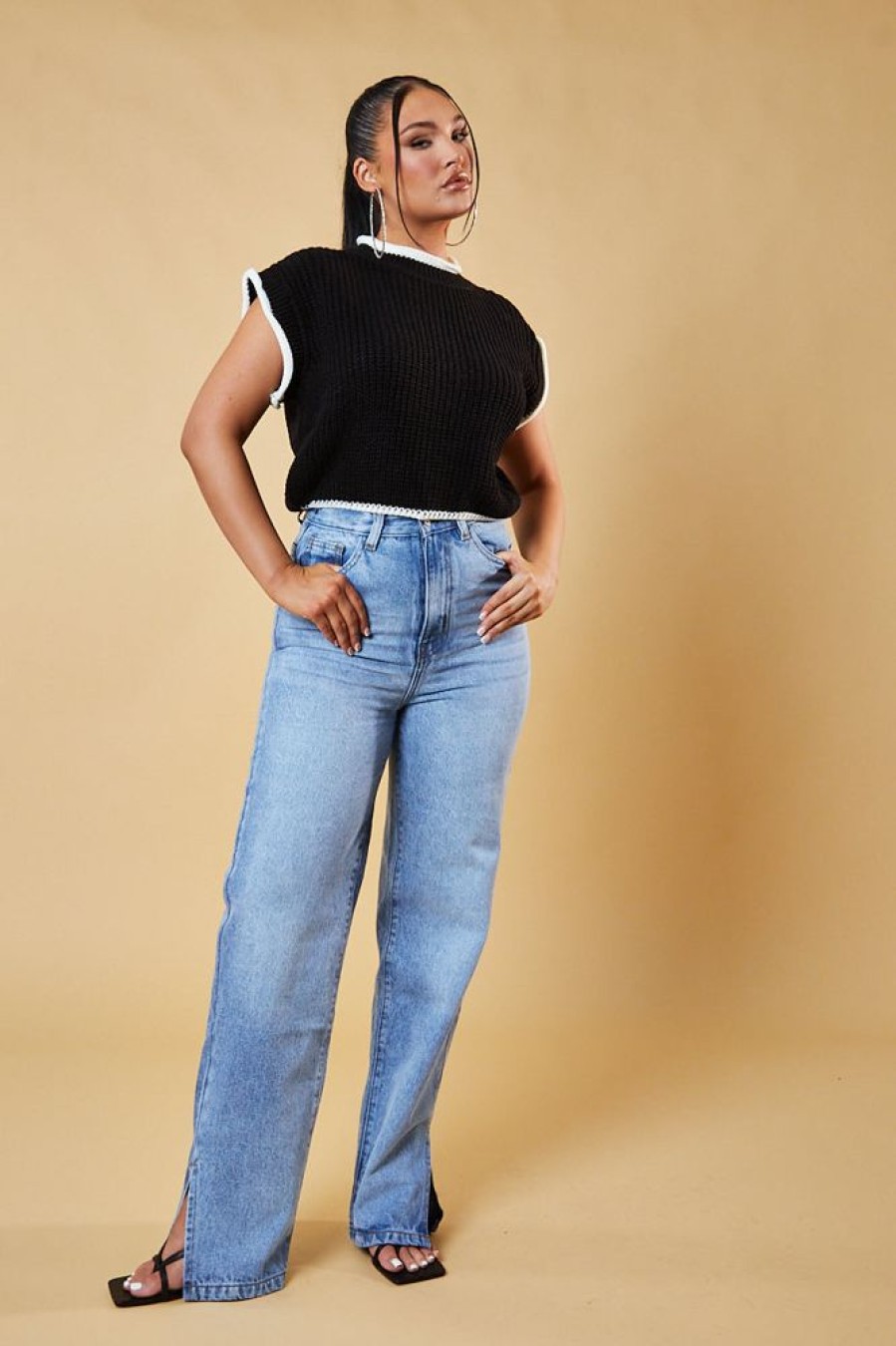 Clothing Rebellious Fashion | Black Knitted Contrast Edge Cropped Top - Bethany