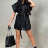 Clothing Rebellious Fashion | Black Faux Leather Plunge Belted Dress - Jaice