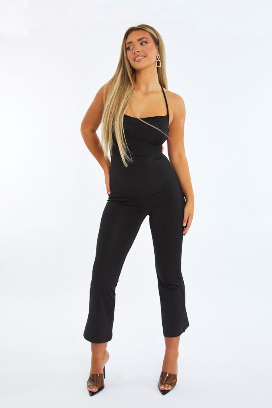 Clothing Rebellious Fashion | Black Lace Up Back Wide Leg Jumpsuit - Lyric