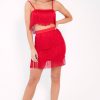 Clothing Rebellious Fashion | Red Fringe Crop Top Skirt Co-Ord - Lyela