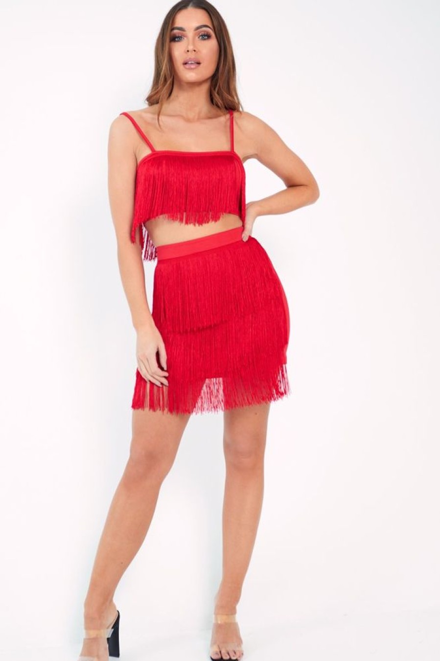 Clothing Rebellious Fashion | Red Fringe Crop Top Skirt Co-Ord - Lyela