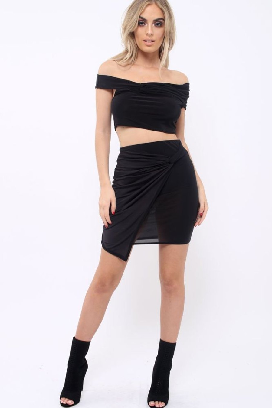 Clothing Rebellious Fashion | Black Twist Knot Front Slinky Co-Ord Set - Binkie