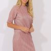 Clothing Rebellious Fashion | Mauve Metallic Pleated Short Sleeve Midi Dress - Kitty