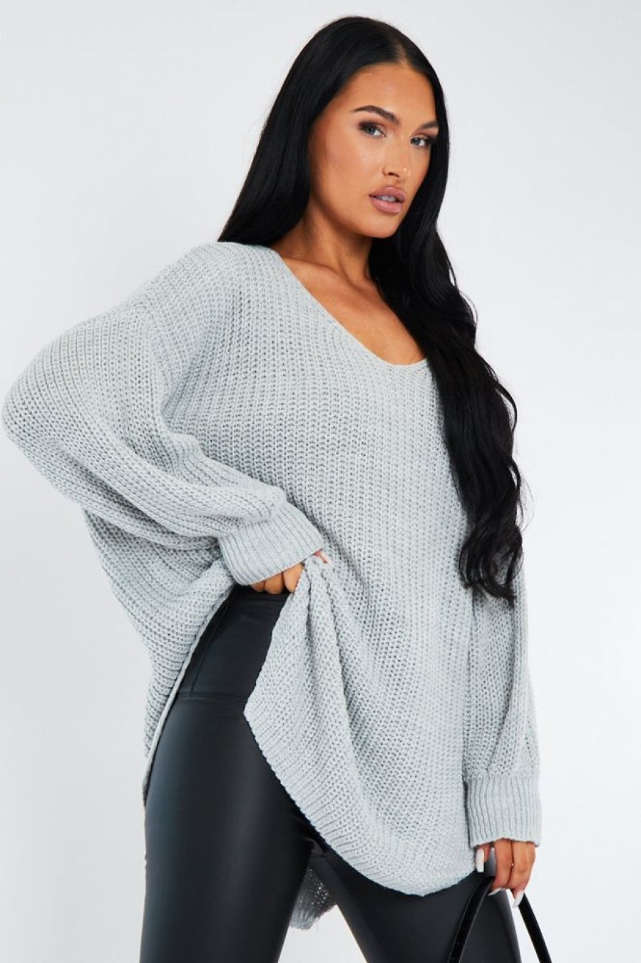 Clothing Rebellious Fashion | Grey Oversized Knit V Neck Sweater - Evelyn