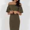 Clothing Rebellious Fashion | Khaki Bardot Bodycon Midi Dress - Cecilia