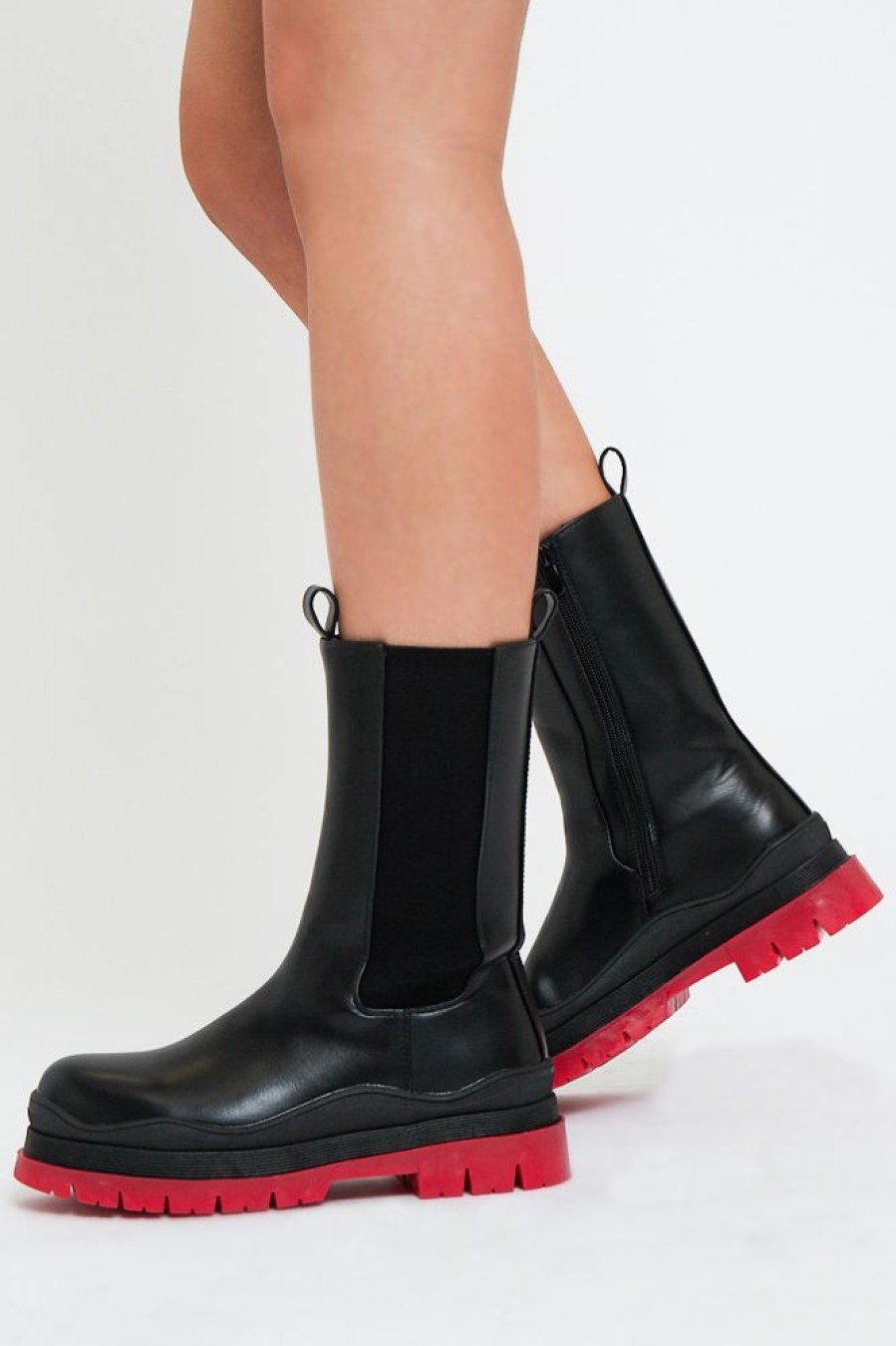 Shoes Rebellious Fashion | Black Red Chunky Sole Faux Leather Boots - Maree