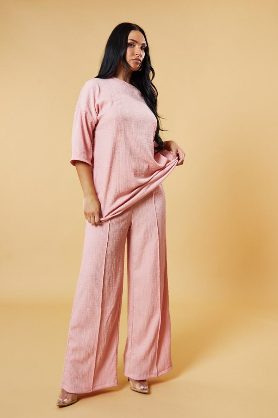 Clothing Rebellious Fashion | Pink Textured Knit Trousers & Oversized Top Co-Ord Set - Cecelia