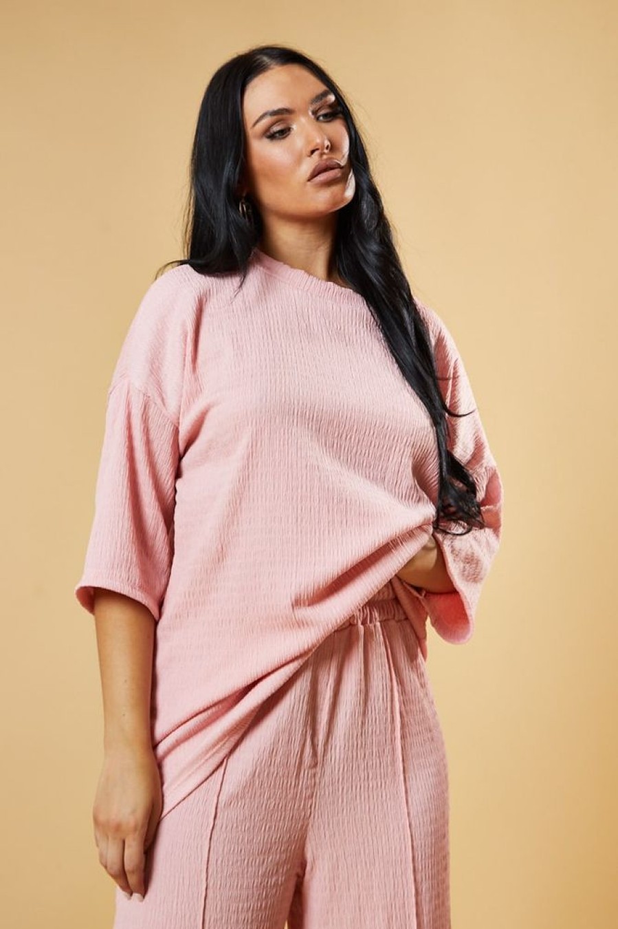 Clothing Rebellious Fashion | Pink Textured Knit Trousers & Oversized Top Co-Ord Set - Cecelia