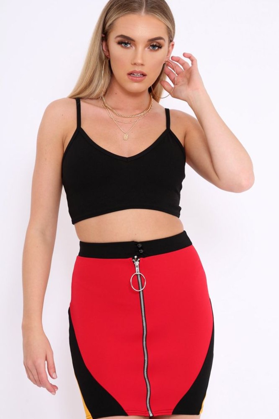 Clothing Rebellious Fashion | Red Black And Mustard Colour Block Zip Front Mini Skirt And Bralet Co-Ord - Kacey