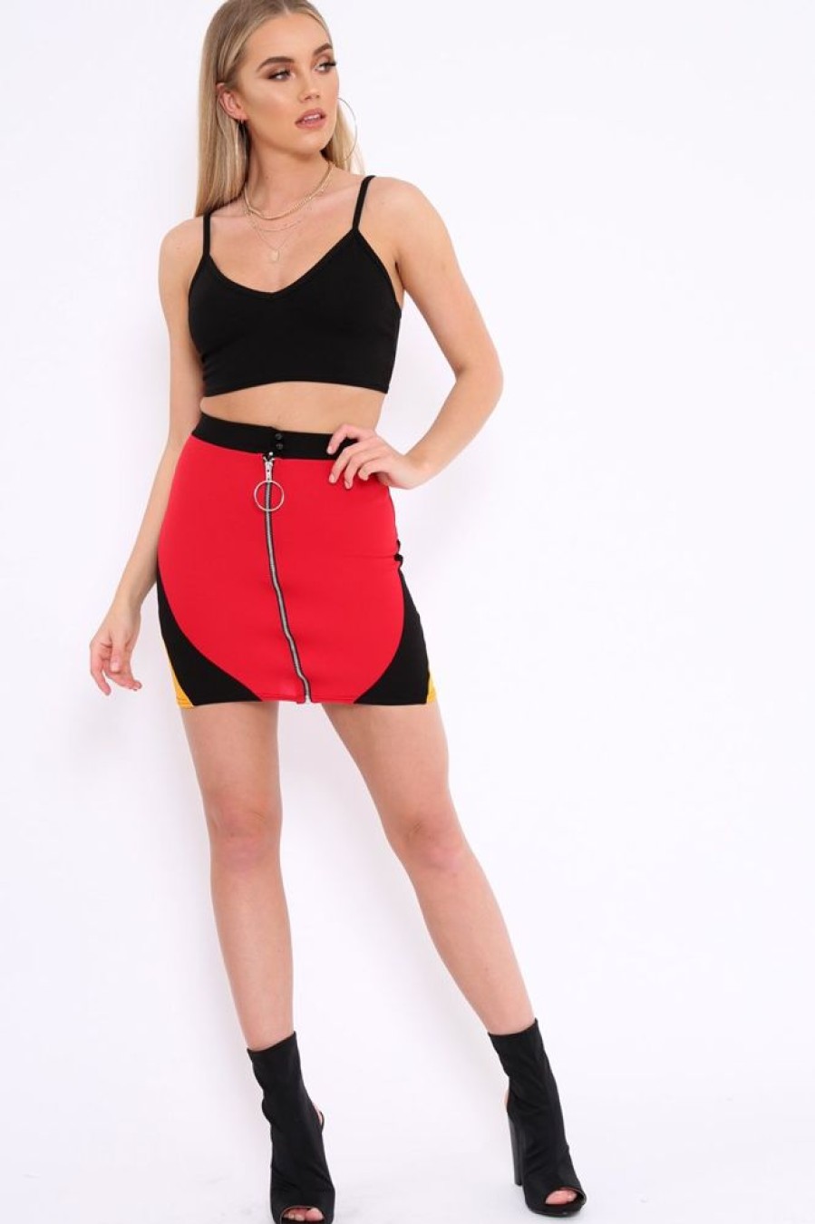 Clothing Rebellious Fashion | Red Black And Mustard Colour Block Zip Front Mini Skirt And Bralet Co-Ord - Kacey