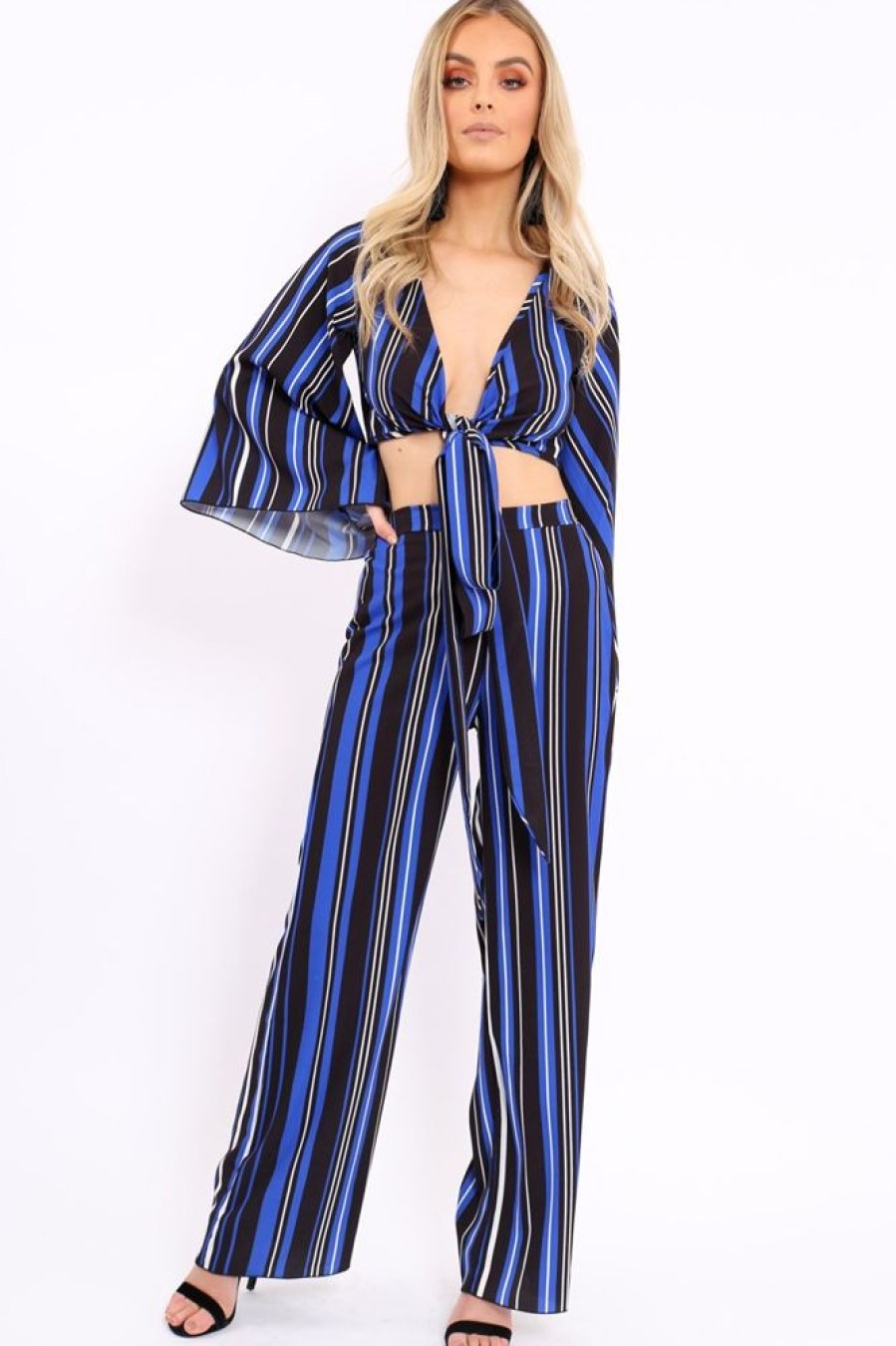 Clothing Rebellious Fashion | Royal Blue, Black And White Striped High Waist Flare Trousers - Jen